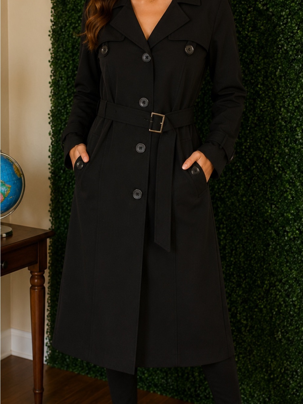 Classic Black Belted Trench Coat - Women's